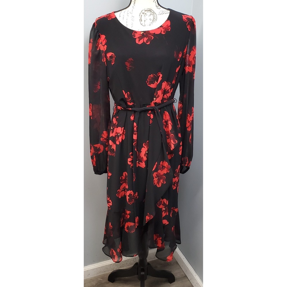 Tommy Hilfiger Montreaux Midi Dress Womens 14 Multi Floral Tie Waist Back Zip